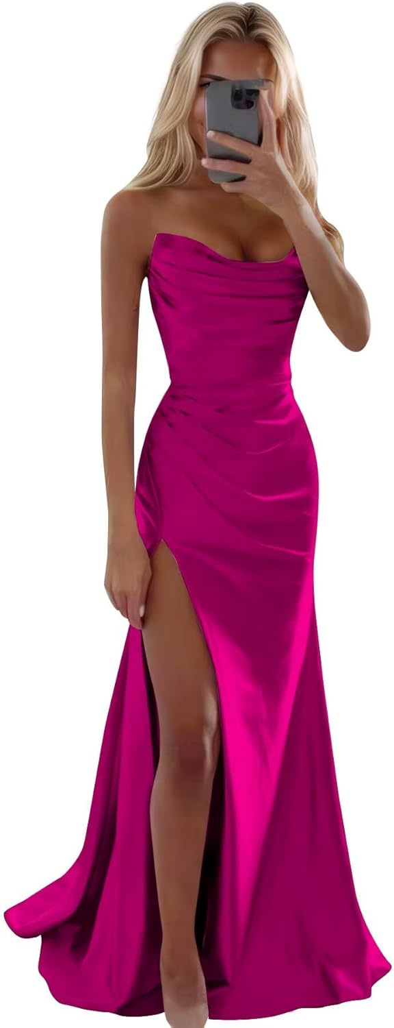 Strapless Satin Prom Dresses with Slit Long Mermaid Formal Bridesmaid Dresses for Women