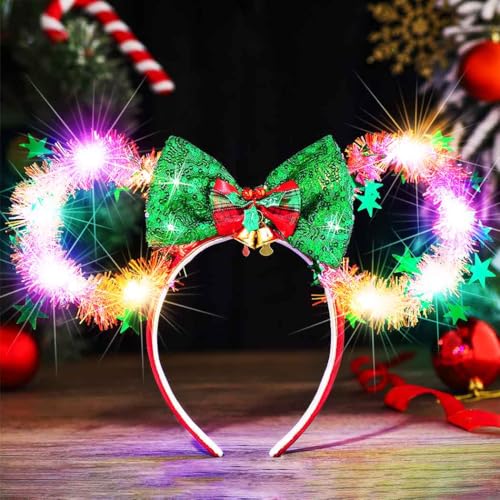 Reaky Bandeau de Noël lumineux avec oreilles de souris LED pour femme (rouge, taille unique)