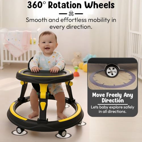 Image of StarandDaisy Baby Walker for Babies, 6-18 Month Baby Boy & Girl, Adjustable Height Infant Learning Walker with 360 Wheels, Anti-Slip, Comfortable Padded Seat, Activity Tray, Foldable Toddler Walker (Yellow-Black)