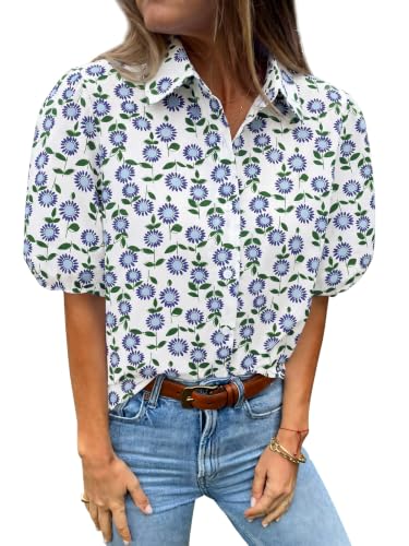 Image of Tankaneo Womens Button Down Shirts Puff Sleeve Tops Summer Cotton Blouses | Loose Fit, Boxy, Dressy Casual, Collared, Short Sleeve, Solid Color, Striped, Plaid, Polka Dots