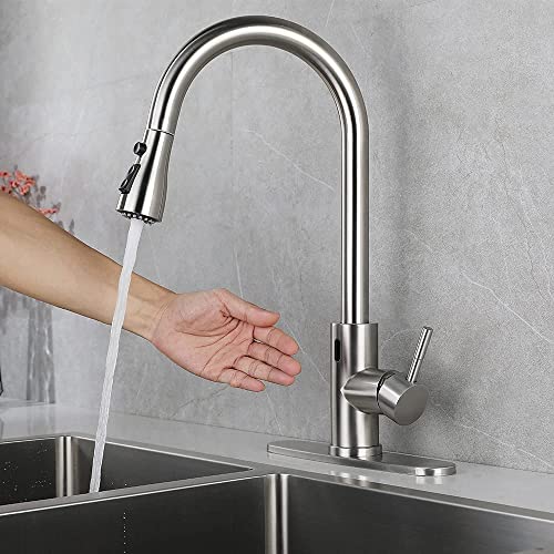 Gangang Touchless Kitchen Sink Faucet Pull Out Sprayer Automatic Sensor Mixer Stainless Steel Brush Nickle With Deck Plate… #TOP1