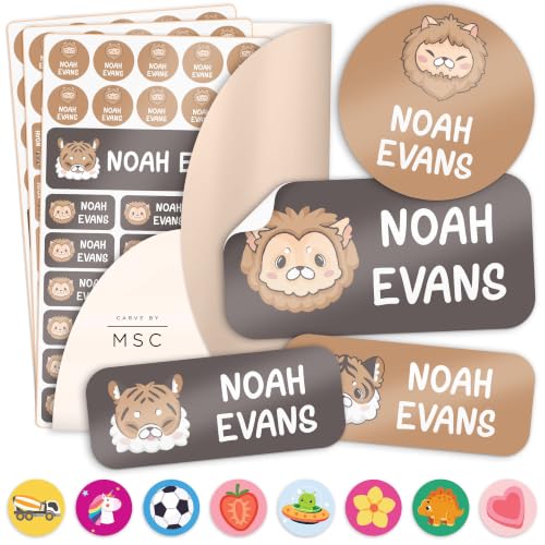 Personalized Name Labels for Kids,148 Pack Waterproof Custom Daycare Name Stickers for Clothing Tags, Lunch Boxes and School Supplies, Made in USA by MSC - Lion