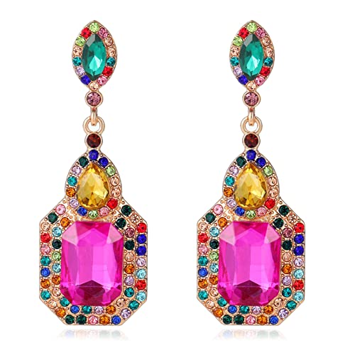 Vintage Rhinestone Dangle Statement Earrings Colorful Long Crystal Dangling Drop Earring for Women Formal Wedding Prom
