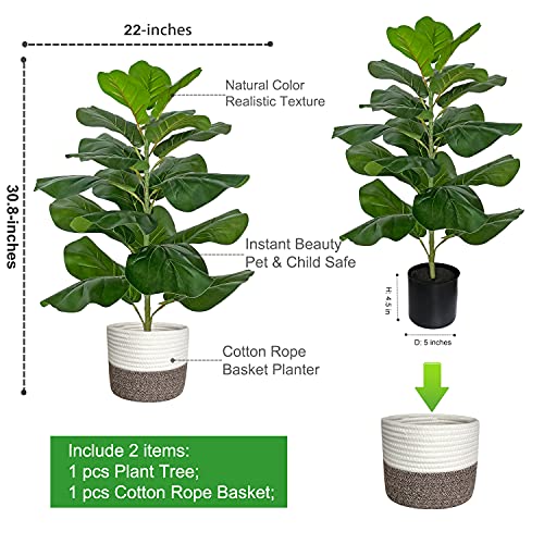Besamenature Artificial Fiddle Leaf Fig Tree/Faux Ficus Lyrata For Home Office Decoration, 30.5" Tall, With Cotton Rope Basket #TOP6