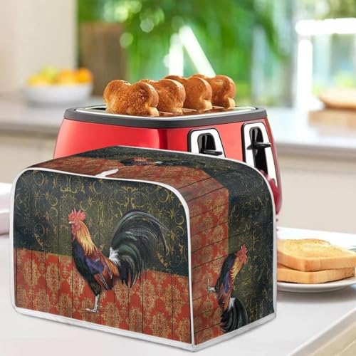 Image of Talayituse Rooster Chicken Print 4 Slice Toaster Covers Dust Protection Floral Wood Bread Maker Covers Toaster Oven Cloth Cover Kitchen Accessories Washable Appliance Cover with Handle