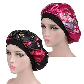 2PCS Head Cover for Women Night Hat Sleeping Cap Satin Bonnet Headwear with Wide Elastic Band Sleep Hat for Chemo, Hair Loss, Salon