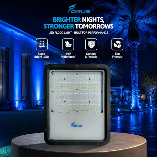 Image of Forus 250W LED Flood Light IP67 Waterproof, Blue Outdoor Decorative Floodlight for Garden Decor, Landscape, Parking, Warehouse, High Mast Security Light with 4 Year Warranty