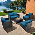 Premium 7 Pieces Outdoor Patio Furniture Set, Outdoor Sectional Furniture,Wicker Patio Conversation Sets for Backyard Lawn Poolside with Ottoman Cushions and Coffee Table (Coffee-Peacock Blue, X-7pcs)