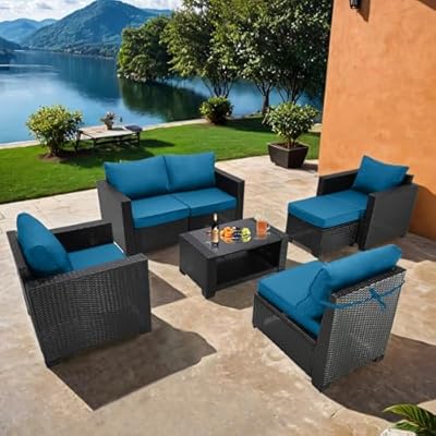Premium 7 Pieces Outdoor Patio Furniture Set, Outdoor Sectional Furniture,Wicker Patio Conversation Sets for Backyard Lawn Poolside with Ottoman Cushions and Coffee Table (Coffee-Peacock Blue, X-7pcs)