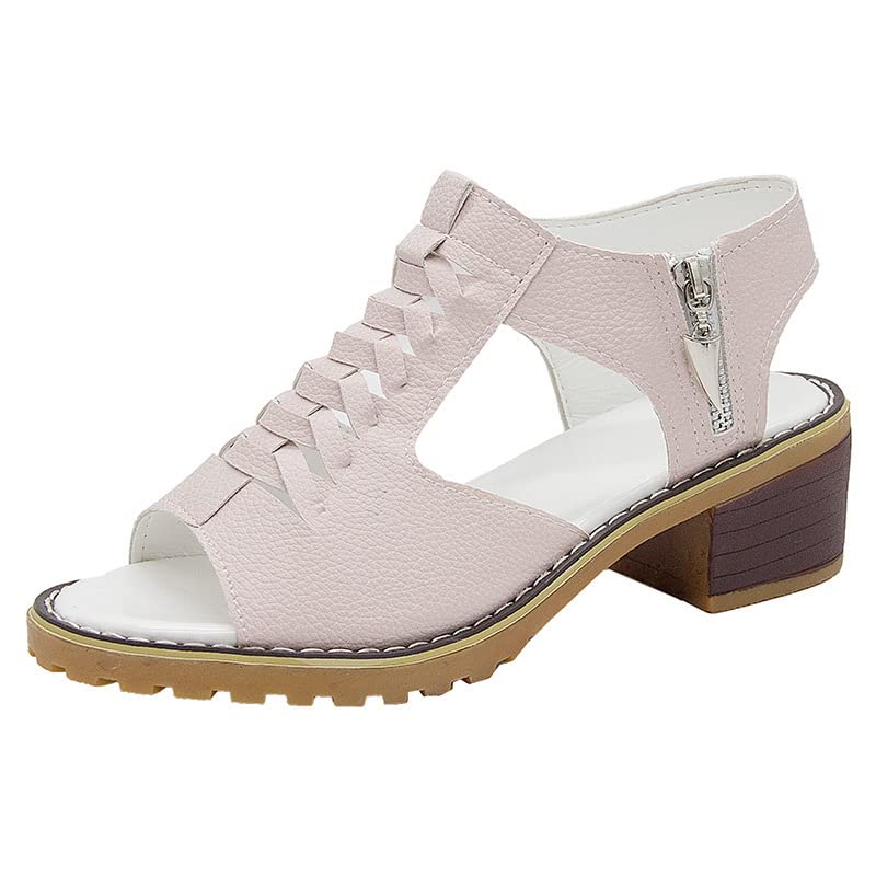 HOPHO Libiyi Sandals, Libiyi Women's Comfy Orthotic Sandals, Libiyi Peep Toe Hollow Weave Fish Mouth Zipper Chunky Heel Sandals