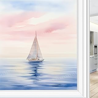 Abstract Sailboat Stained Glass Window Film Simple Nautical Beautiful Ocean Privacy Window Film Glass Door Covering Non-Adhesive Window Stickers for Bathroom Kitchen 23.6Wx35.4L inch - Buy now