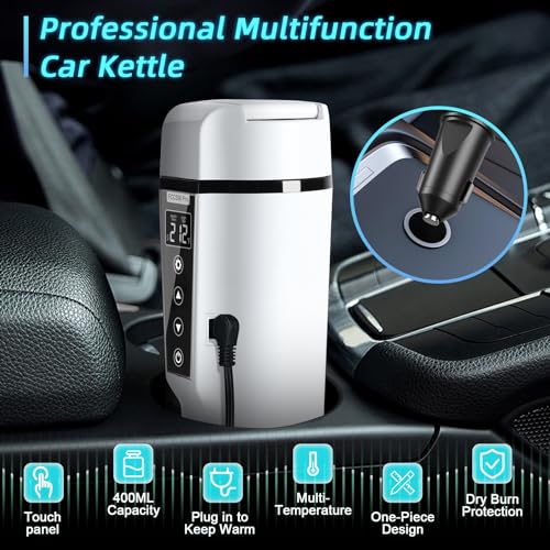 Car Electric Kettle: 12V/24V Portable Water Boiler Heated Travel Mug,Multiple Temperature Adjustable Coffee Tea Truck Cup with 304 Stainless Steel