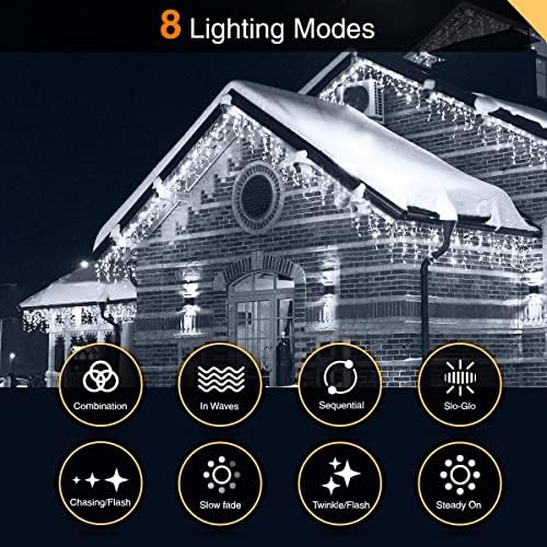 ANSIO® Outdoor Christmas Lights 220 LED 7.5m/24ft Icicle Lights Outdoor & Indoor Cool White Decorations String Fairy Outside Lights with Timer for Xmas Garden Bedroom & Party|Mains Powered Clear Cable