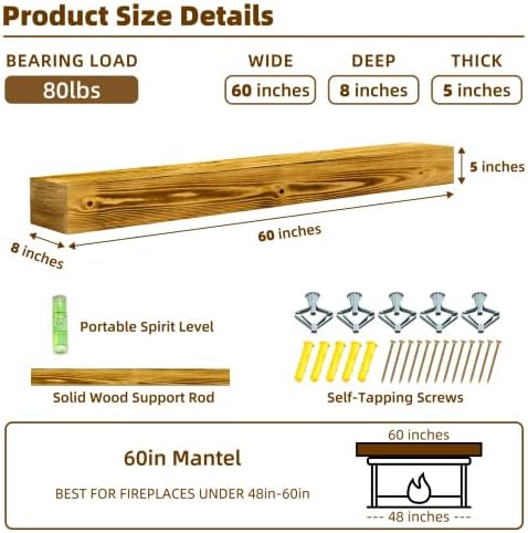 Donext 60" Fireplace Mantel, Rustic Fireplace Mantle Shelf with Invisible Brackets, Handcrafted Wood Floating Fireplace Mantel, Wall Mounted Fireplace Mantel Shelf for Living Room Decor, Caramel