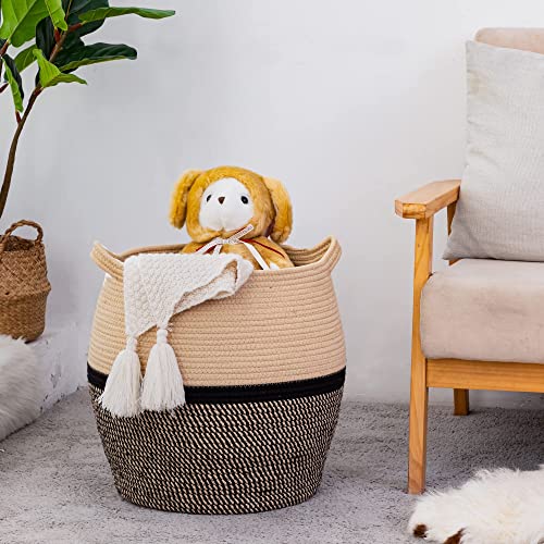 Kakamay Woven Baskets For Storage(17"X17"),Large Cotton Rope Basket Woven Baby Laundry Hamper,Collapsible Laundry Basket, Blanket Basket For Organizing Living Room,Nursery,Clothes,Toy Chest (Black) #TOP5