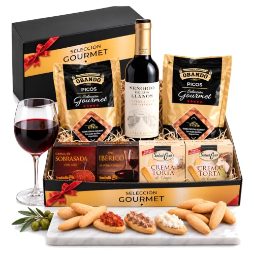 Cesta Gourmet para Regalar ACROL, Vino Tinto 37,5cl, cremas torta Oveja y Cabra, paté ibérico al Pedro Ximénez, sobrasada con miel y picos artesanos, regalo hombre, regalo mujer cumpleaños