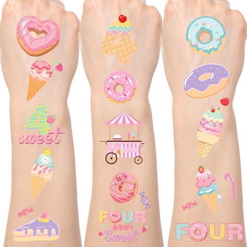 Yoyuspy Sweet Donut Temporary Tattoos - 200+ Four Ever Sweet Birthday Decorations Girl Ice Cream Tattoo Stickers Gifts for Kids Happy 4th Birthday Doughnut Party Decoration Favors Supplies Prizes