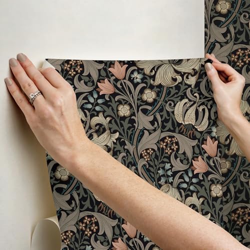 NuWallpaper x Morris & Co. Golden Lily Charcoal and Coral Peel and Stick Wallpaper, MCS6603 by NuWallpaper - Used condition - Image 3