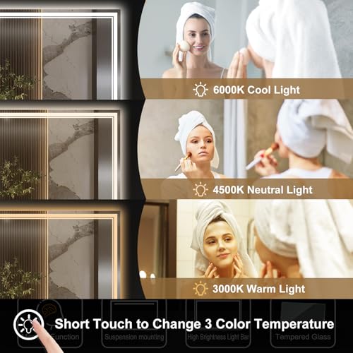 Ratsamee 28" x 36" Led Mirror for Bathroom with Front Light and Backlit, Bathroom Mirror with Led Lights, Vanity Mirror with Lights for Wall, Anti-Fog, Dimmable 3-Color（frontlit+Backlit） by Ratsamee - Used condition - Image 7