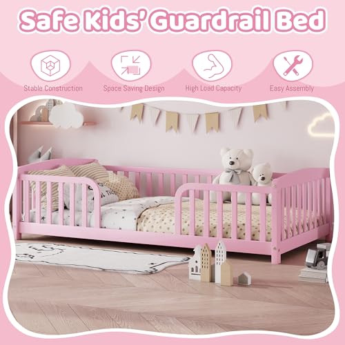 Image of Bellemave Twin Size Montessori Floor Bed Frame with High Fence, Solid Wood Kids Floor Bed with Central Entrance, Low Profile Bed for Boys & Girls, Rounded Corner Design,Pink