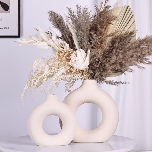 Conjunto de 2 vasos de cerâmica bege, vasos de flores redondos ocos foscos, vaso decorativo de grama