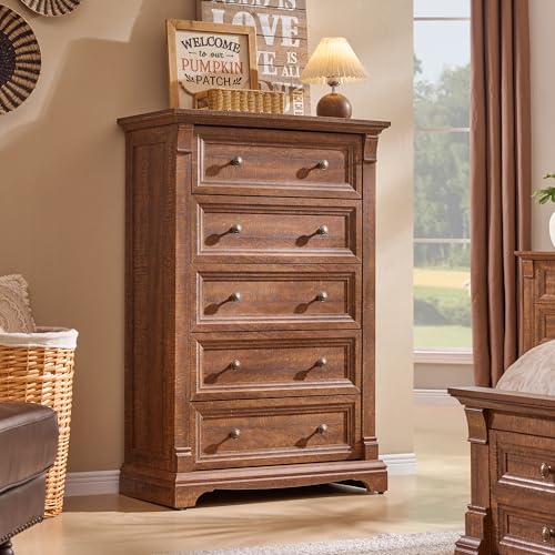 T4TREAM Farmhouse 5 Drawer Dresser for Bedroom, 47" Tall Wood Dresser with Ample Storage Space and Rustic Charm, Reclaimed Barnwood