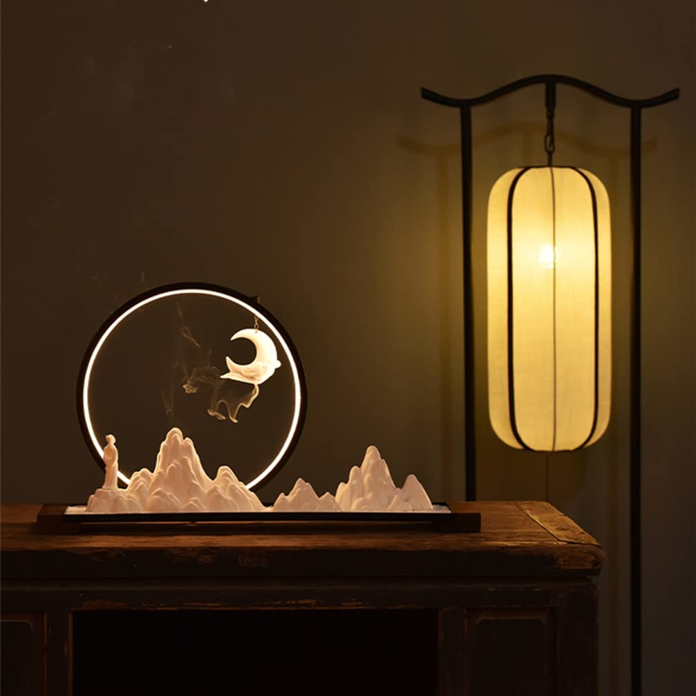 Quemador de incienso de reflujo de cascada, diseño de luna de montaña con base de madera de arena azul claro LED, perfecto para decoración del hogar y la oficina, alivio del estrés y relajación