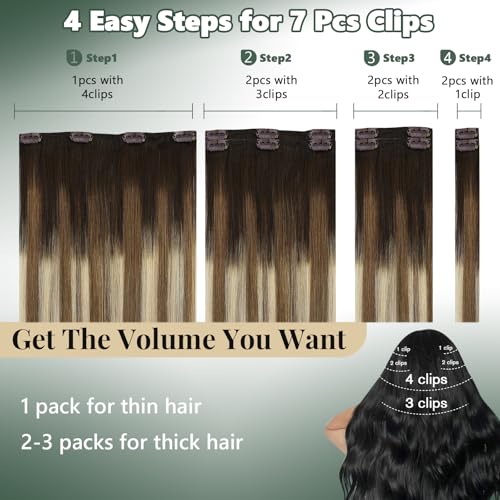 Image of Ugeat Hair Extensions Real Human Hair Clip ins Balayage 20 Inch 7pcs 120g | Clip in Extensions Real Human Hair , Chocolate Brown Balayage Bleach Blonde , Easy Application