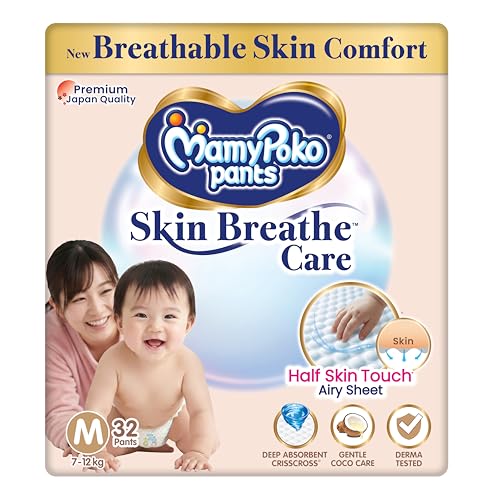 Image of MamyPoko Pants Skin Breathe Care | Baby Diapers Medium Size (M) | 32 Count | 7-12Kgs | Half Skin Touch Airy Sheet | 3X Breathable | Derma Tested