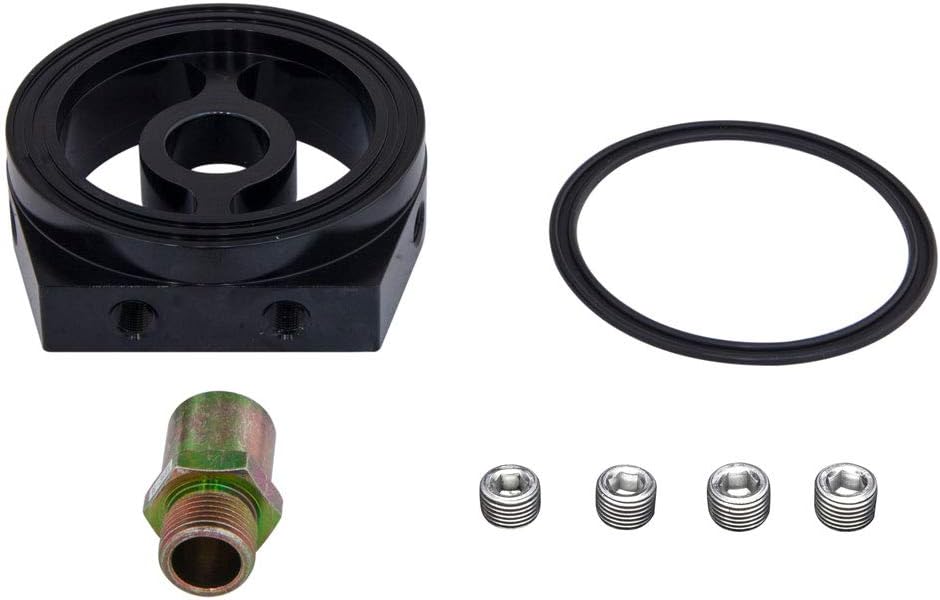 GlowShift Oil Filter Sandwich Adapter Compatible with Chevrolet Small Block 305/350-13/16-16 Thread - Install up to (4) 1/8-27 NPT Oil Pressure & Temperature Sensors - Includes O-Ring & Port Plugs