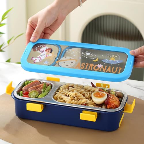 Image of Homeoculture 780ml Stainless Steel Lunch Box with Folding Spoon | Leak-Resistant Double Wall Food Container | Portable Tiffin Box for Office, School & Travel (Blue)