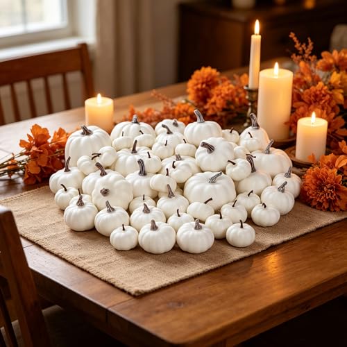 Image of winemana 46 Pcs Artificial White Pumpkins Fall Decorations | Assorted Size, Paintable, Foam Pumpkin, Halloween Thanksgiving Autumn Decor, For Table Centerpiece Mantle Bowl Crafts