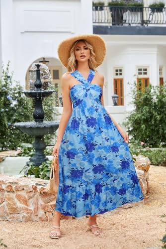 Image of GRACE KARIN Womens Summer Floral Dresses 2026 Boho Maxi Dress Flowy Halter Sundress Casual Vacation Beach Clothes with Pocket