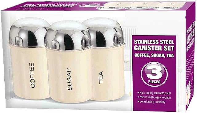 Tea Coffee Sugar Canisters With Airtight Lid - Set Of 3 Polished Stainless Steel Cream Kitchen Storage Jars / Containers