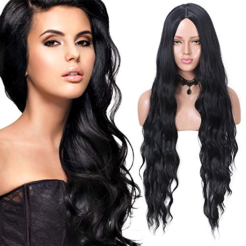 Fani 30 Inch Long Black Wig for Women Natural Looking Long Wavy Middle Part Natural Hairline Synthetic Wig for Cosplay Party Daily Wear