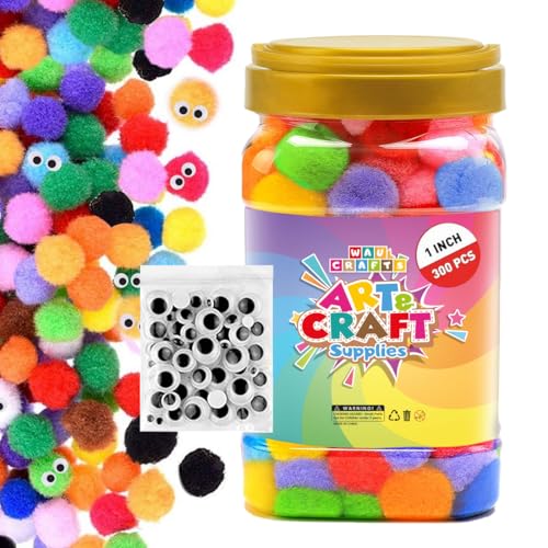 Image of WAU CRAFTS 400 Pcs - 1 inch 300pcs Multicolored Large Pom Poms Arts and Crafts with 100 Googly Eyes - Pompoms for Crafts & DIY Projects