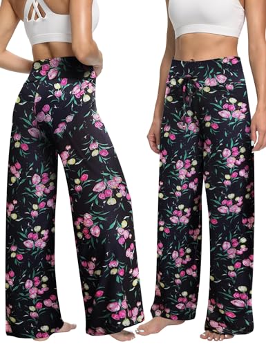 Image of ZOOSIXX Soft Black Pajama Pants for Women, Wide Leg Pants Woman Flowy Comfy Casual Lounge Yoga Capri Pants 22 inch / 30 inch
