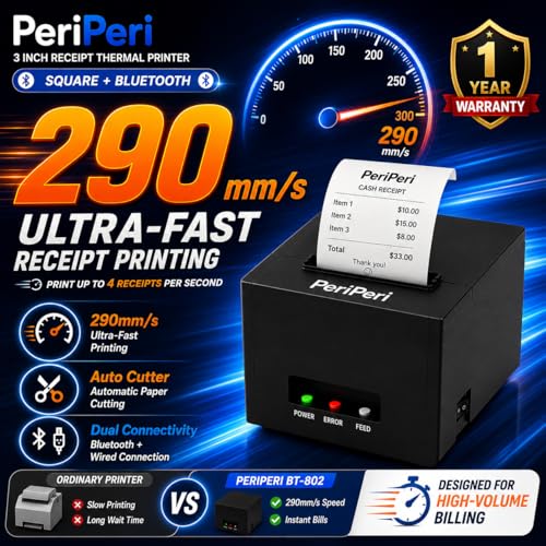 Image of PeriPeri 80mm USB+Bluetooth Thermal Receipt Printer 290mm /s High Speed Printing, Inkless POS Billing Printer with Auto Cutter & Beeper, for Android, Windows & Mac 3inch Receipt Printer 1 Year Warranty