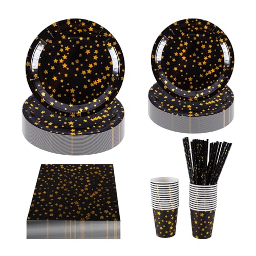CEILIWEN Partygeschirr-Set mit schwarzen und goldenen Sternen, 22,9 cm...