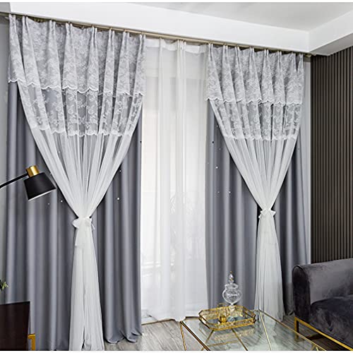 Cortina opaca de gasa plisada de doble capa, color beige, con encaje gris, cortina decorativa, panel de tul transparente, 150 x 270 cm