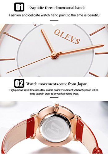 Olevs Women Wrist Watches Ultra Thin 6.5Mm Minimalist Dress Fashion Black Tan Leather Strap White Face Quartz Waterproof Date Day Slim Watches For Ladies #TOP2
