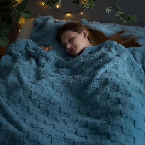 NEWCOSPLAY Super Soft Queen Blanket Blue Premium Silky Flannel Fleece 3D Checkered Lightweight Bed Blanket All Season Use (Blue Checkered, Queen(90"x90"))