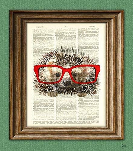 Hedgehog Smarty Pants Hedge Hog With Red Glasses Illustration Beautifully Upcycled Dictionary Page Book Art Print