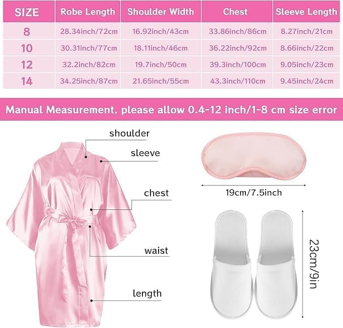 LYCN Albornoz de 6 piezas para niñas, bata de baño de satén de seda con antifaz de seda y zapatillas para fiesta de cumpleaños