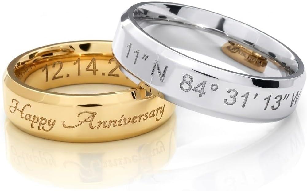 Personalized Stainless Steel Wedding Band Ring for Men and Women, Custom Engraved Beveled Edge Flat Band, Comfort Fit Commitment Promise Ring, Mens Anniversary Engagement Fathers Day Gift