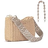 Richeart Handwoven Straw Purses for Women - Boho Crossbody Bag with Adjustable Strap - Summer Beach Shoulder Purse - Khaki