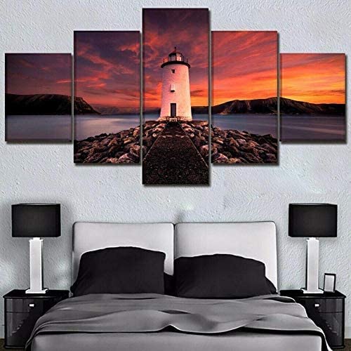Toile Art Mural 5 Pièces Paysage Coucher De Soleil Phare Posters Et Arts Décoratifs Tableau Cuisine Decoration Murale Salon Moderne Impressions Sur Toile...