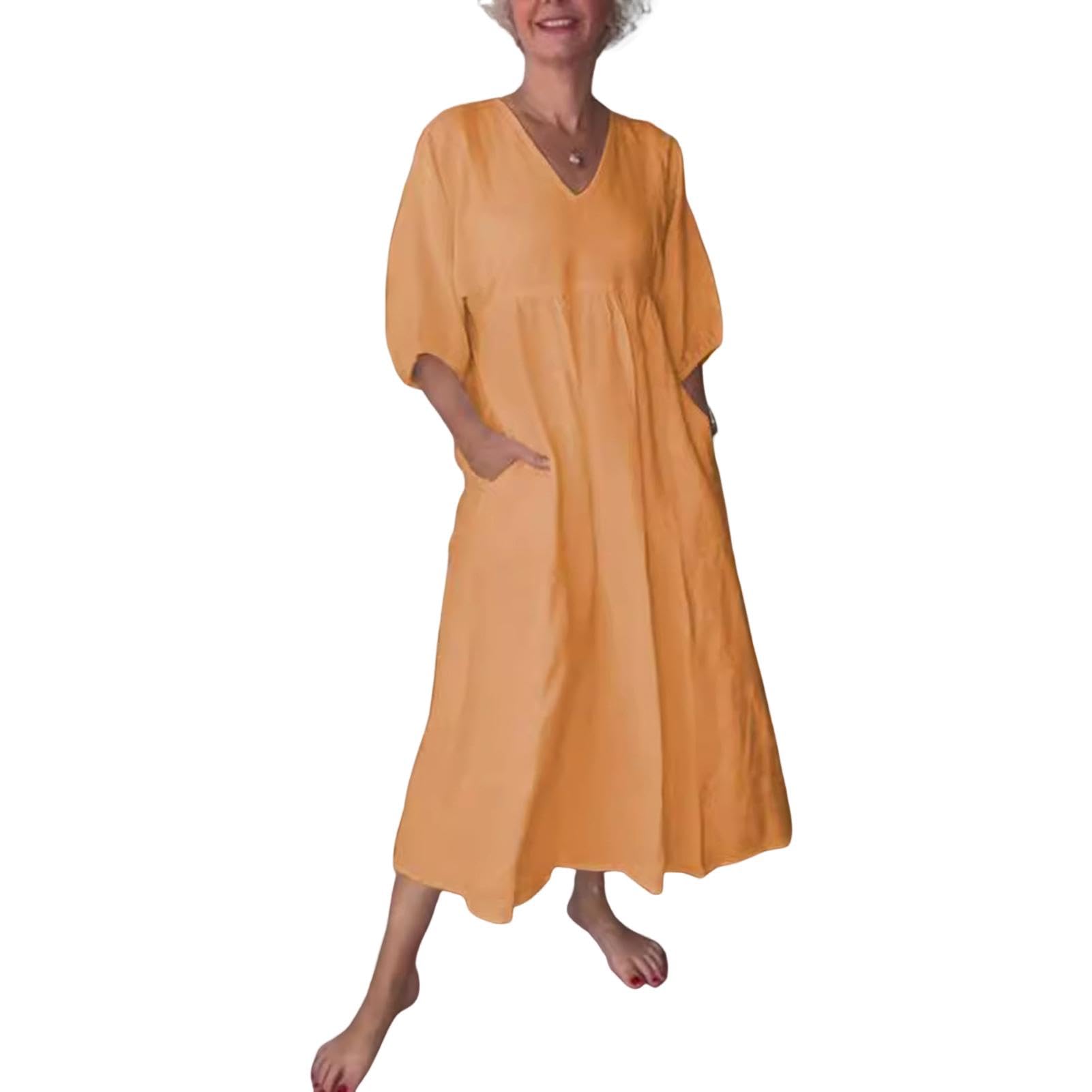 Vestido acampanado con cuello en V, manga tres cuartos, plisado, color sólido, casual, con bolsillos, elegante vestido de verano suelto para mujer, uso diario