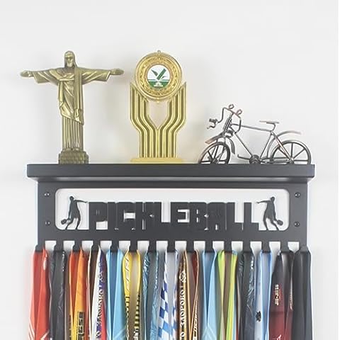 PICKLEBALL Medals Hanger Display Trophy Shelf (Boy) - Metal Floating Shelves Medal Holder for Wall - 3" Shelf with Hooks - Easy Mount Ribbon Medal Rack - Gifts for Kids & Adults (Black) Cover
