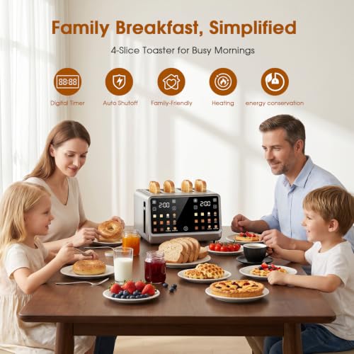 Image of 4 Slice Toaster with Dual Touchscreen, 1800W Stainless Steel Dual Zone Independent Control Extra Wide Slot 1.5 Inch, Smart BreadID Timer for Bagel Waffle, Kitchen Essentials